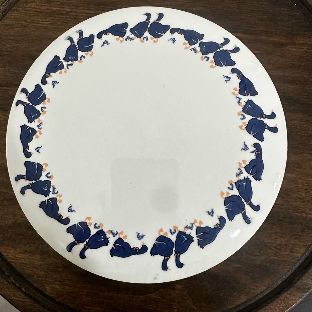 Vintage Blue Ribbon Country Geese Lidded Dish - Round White Ceramic